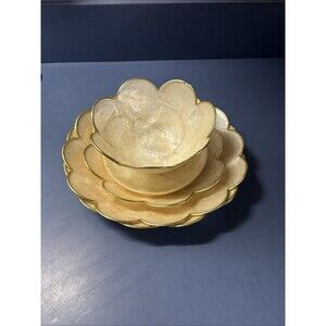 Vtg Capiz Scallop Shell Mother Pearl Mixed Set of 6 Gold Trim see description